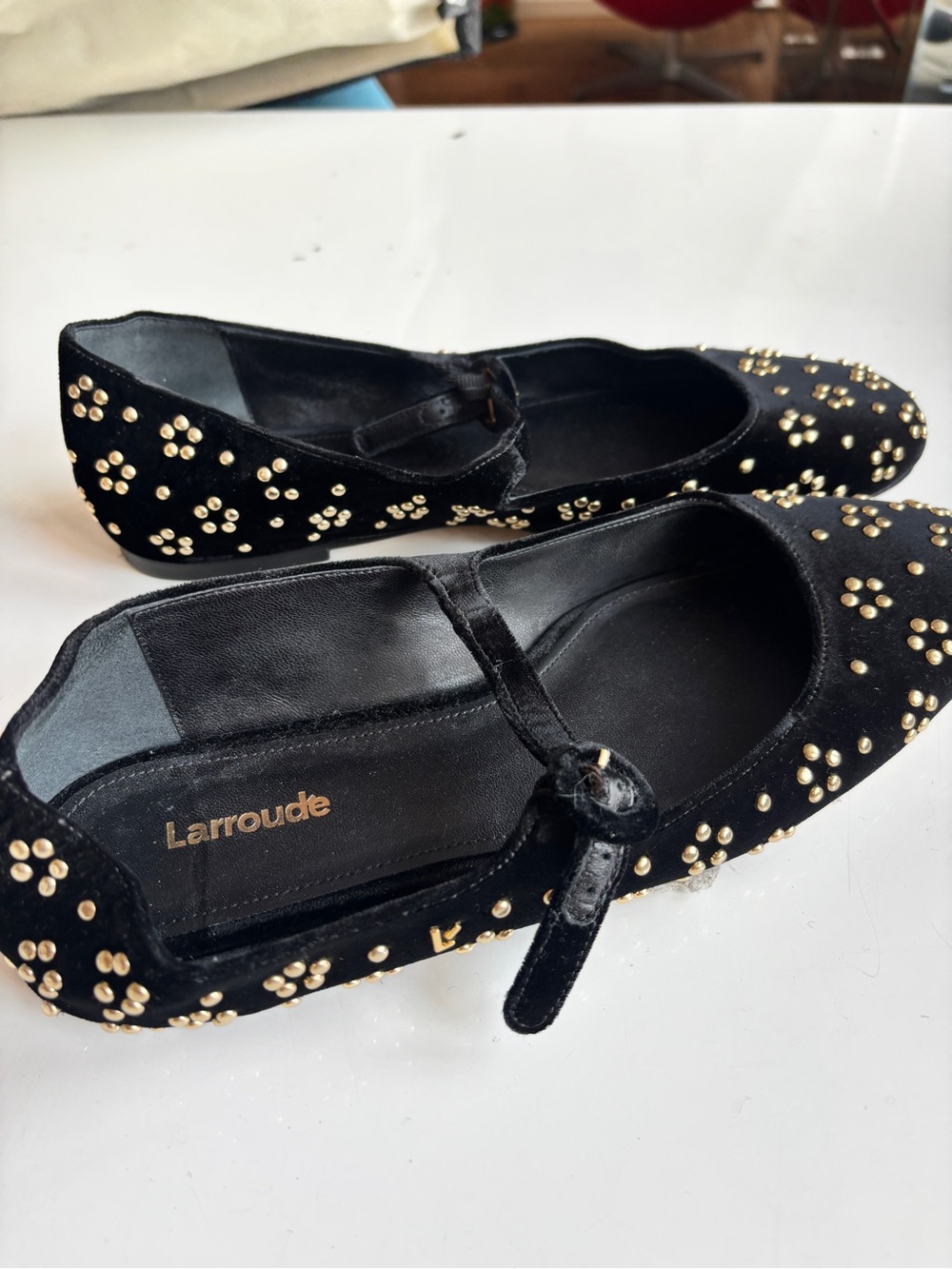 Larroude Black with Gold Floral Emblisments Mary Jane Flats - Picture 7 of 7